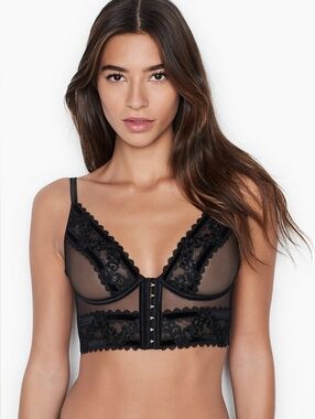 Victoria's Secret Black Sheer Lace Longline Front-Close Bralette Size Medium